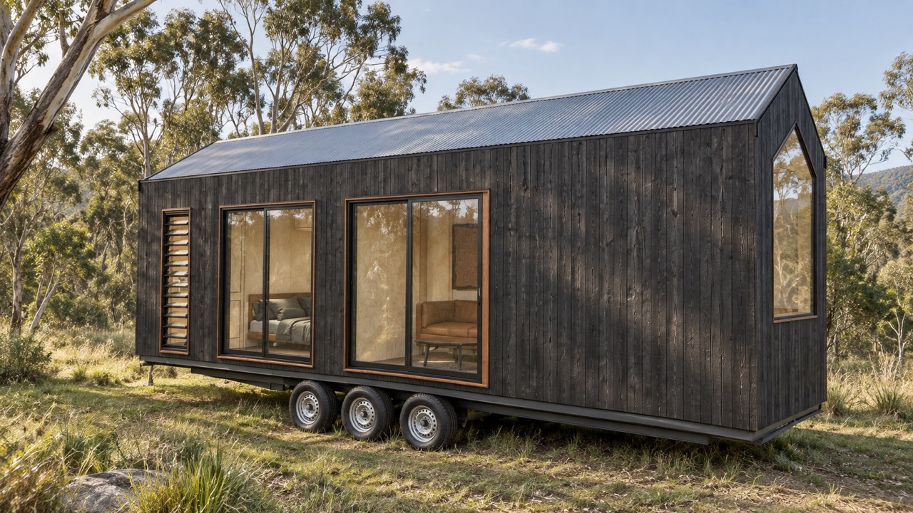 The Twilight tiny house with Shou Sugi Ban cladding and blackbutt hardwood